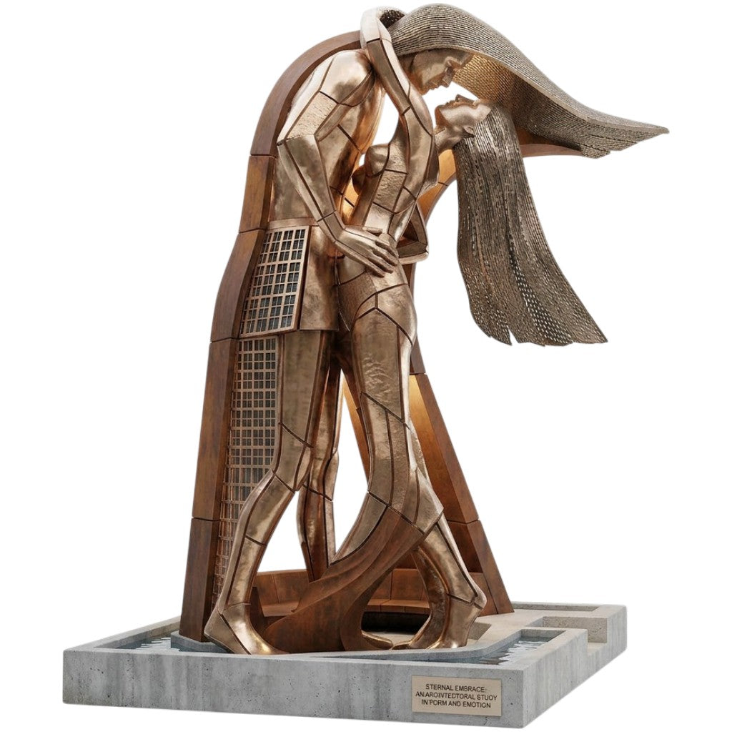 Bronze sculpture of two figures embracing on a white background
Bronze geometric sculpture of two abstract human figures embracing on a solid base