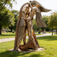 Contemporary metal couple sculpture with sharp architectural lines and stylized movement