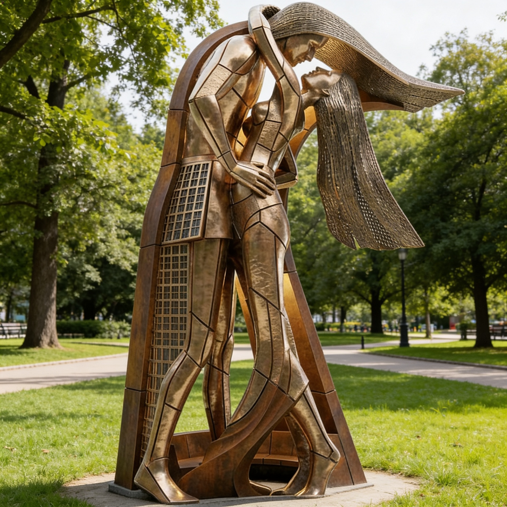 Bronze geometric artwork of two figures holding each other in an abstract pose