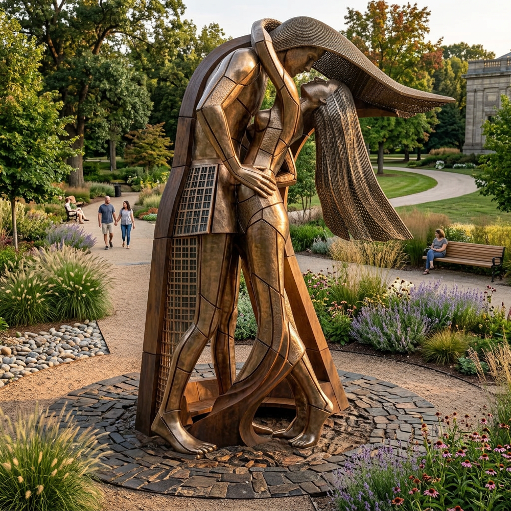 Bronze sculpture of two people embracing in a park setting with greenery and flowers.
Reflective metal sculpture showing a stylized couple embracing with angular detailing