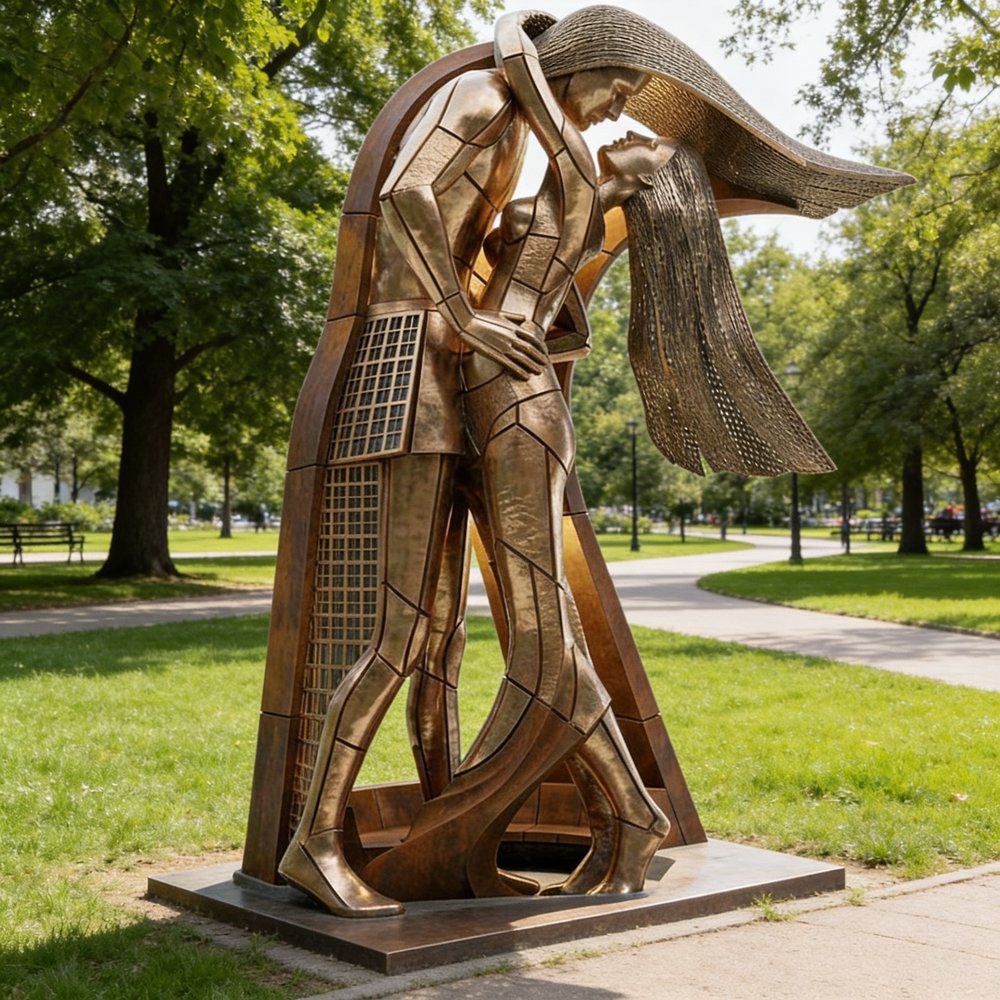Bronze sculpture of a person playing a guitar in a park setting
Modern abstract embrace sculpture with faceted surfaces and elongated human forms
