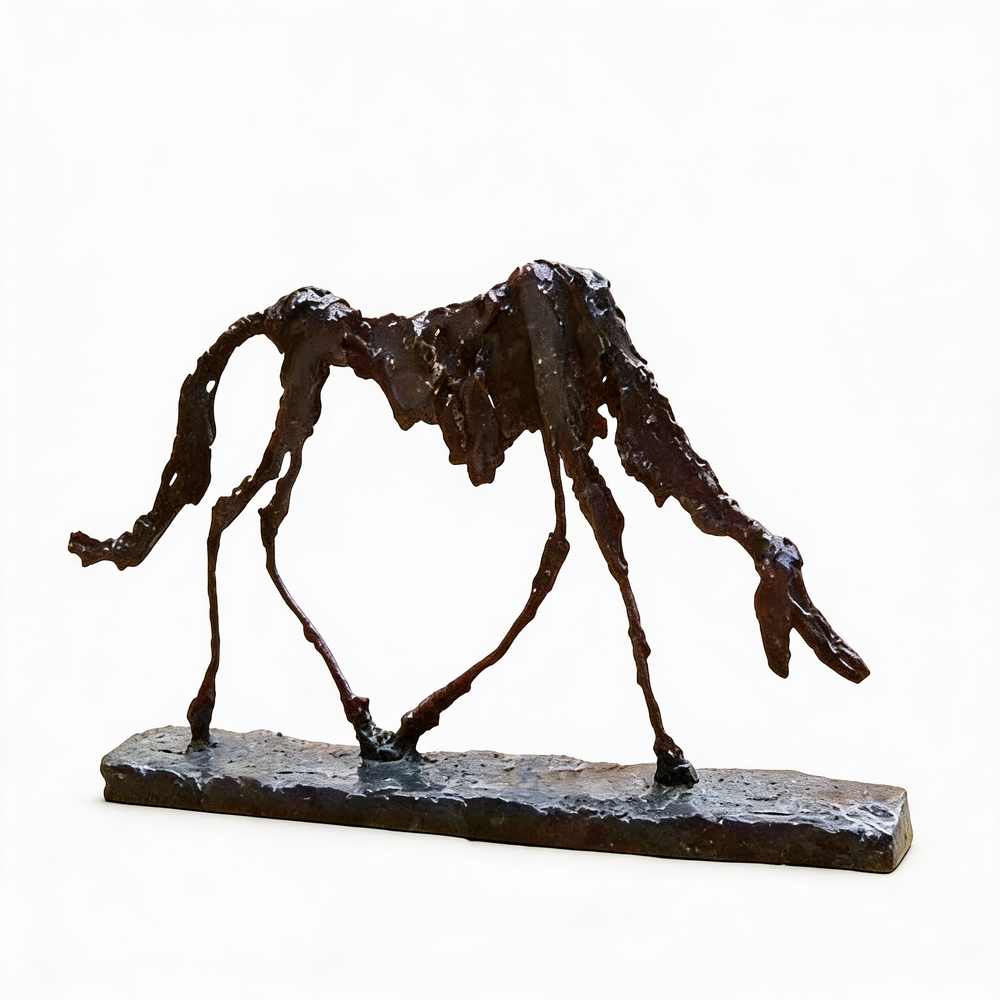 Bronze sculpture of a stylized horse with skeletal contours and minimalist structural lines