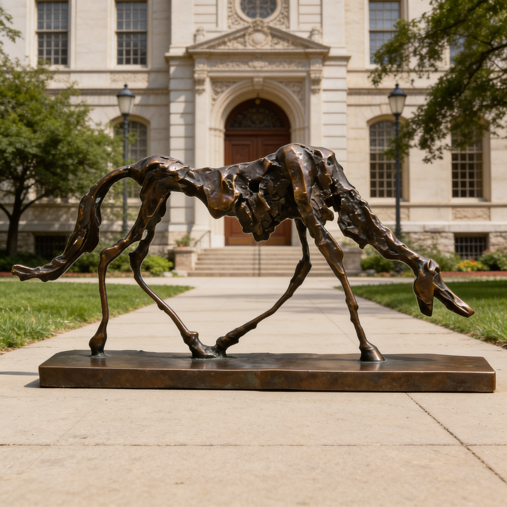 Contemporary bronze horse artwork with stylized hollow body structure and elongated proportions