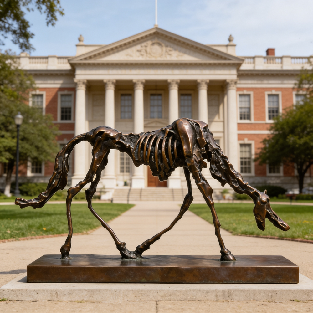 Bronze horse statue with minimalist skeletal form, blending modern abstraction with equine anatomy
