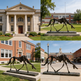 Contemporary bronze horse statue with fragmented skeletal design displayed in an outdoor setting