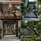 Bronze sculpture of two people on a bicycle in various settings, including a living room and an outdoor garden.
Modern bronze statue of two figures embracing on a bicycle base