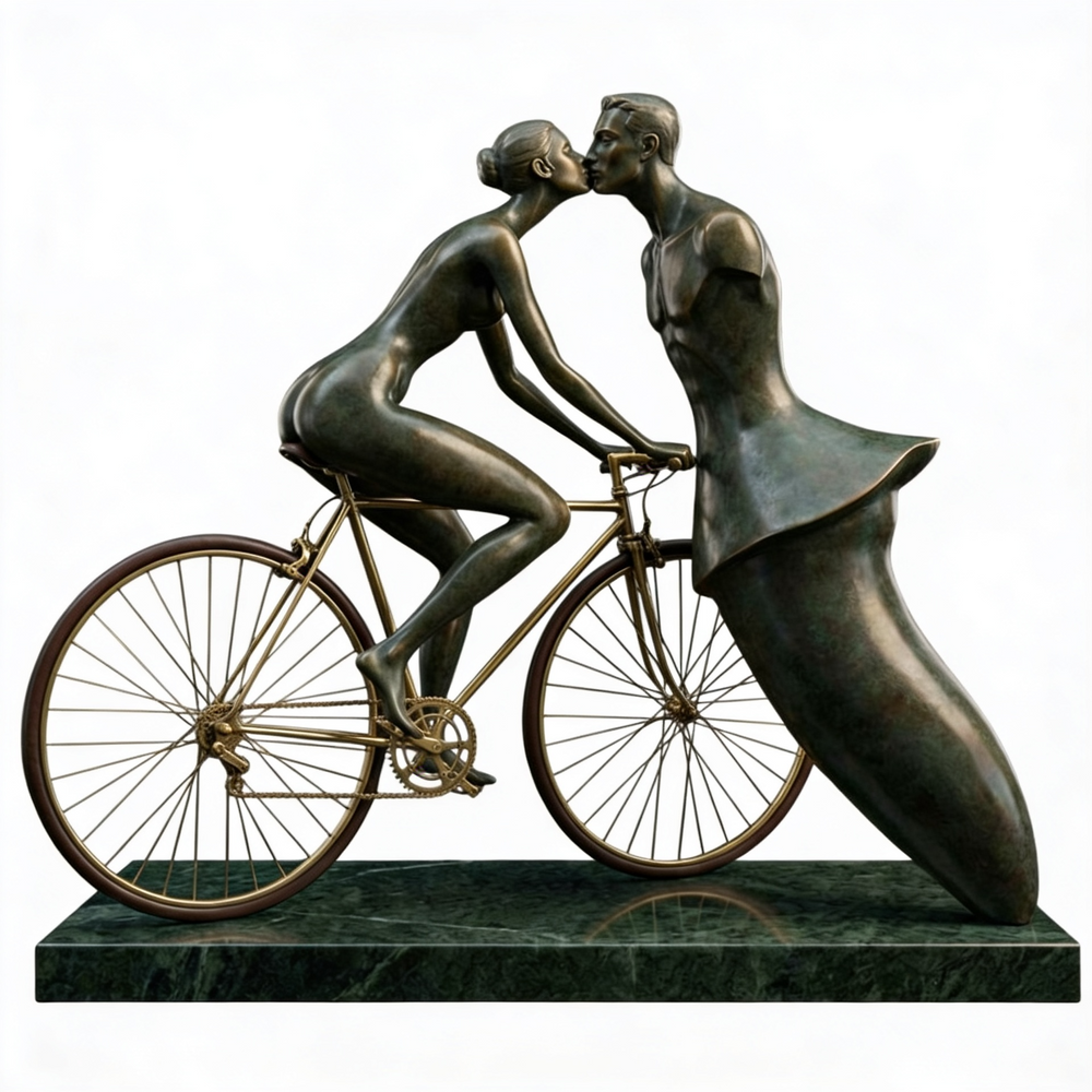 Bronze sculpture of a couple on a bicycle on a white background