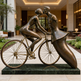 Bronze sculpture of a man and woman on a bicycle in an indoor setting
Bronze artwork depicting a couple kissing with one figure on a bike