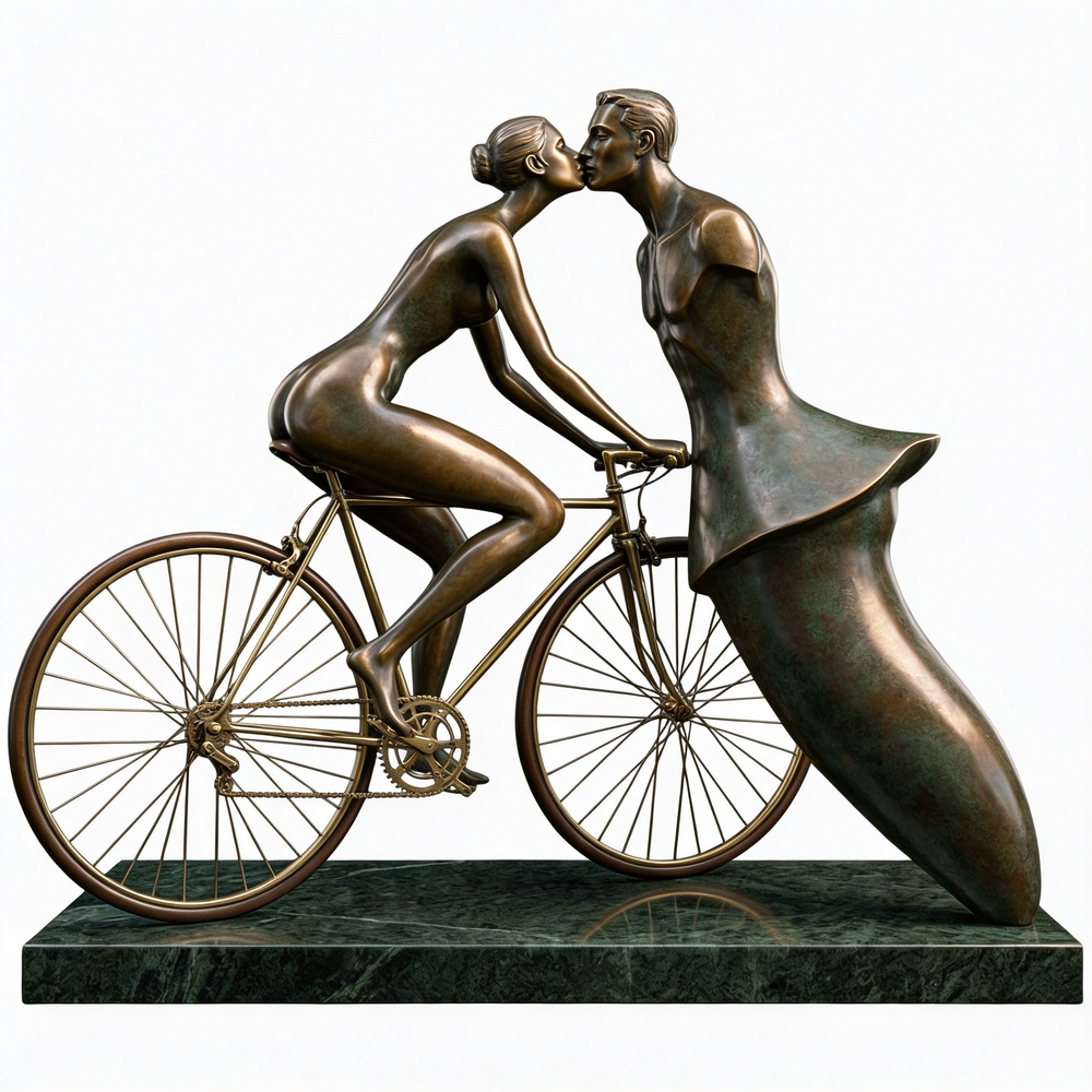 Bronze sculpture of a couple kissing on a bicycle
Contemporary bronze statue of a kissing couple on a stone base