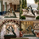 Bronze sculpture of a couple on a bicycle in various settings with flowers and furniture.
Artistic bronze bicycle sculpture with two stylized lovers.