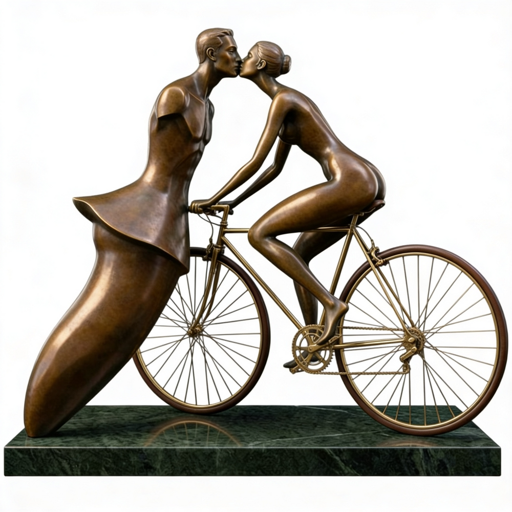 Bronze sculpture of a couple kissing on a bicycle
Bronze couple kissing with one figure transitioning into a flowing form