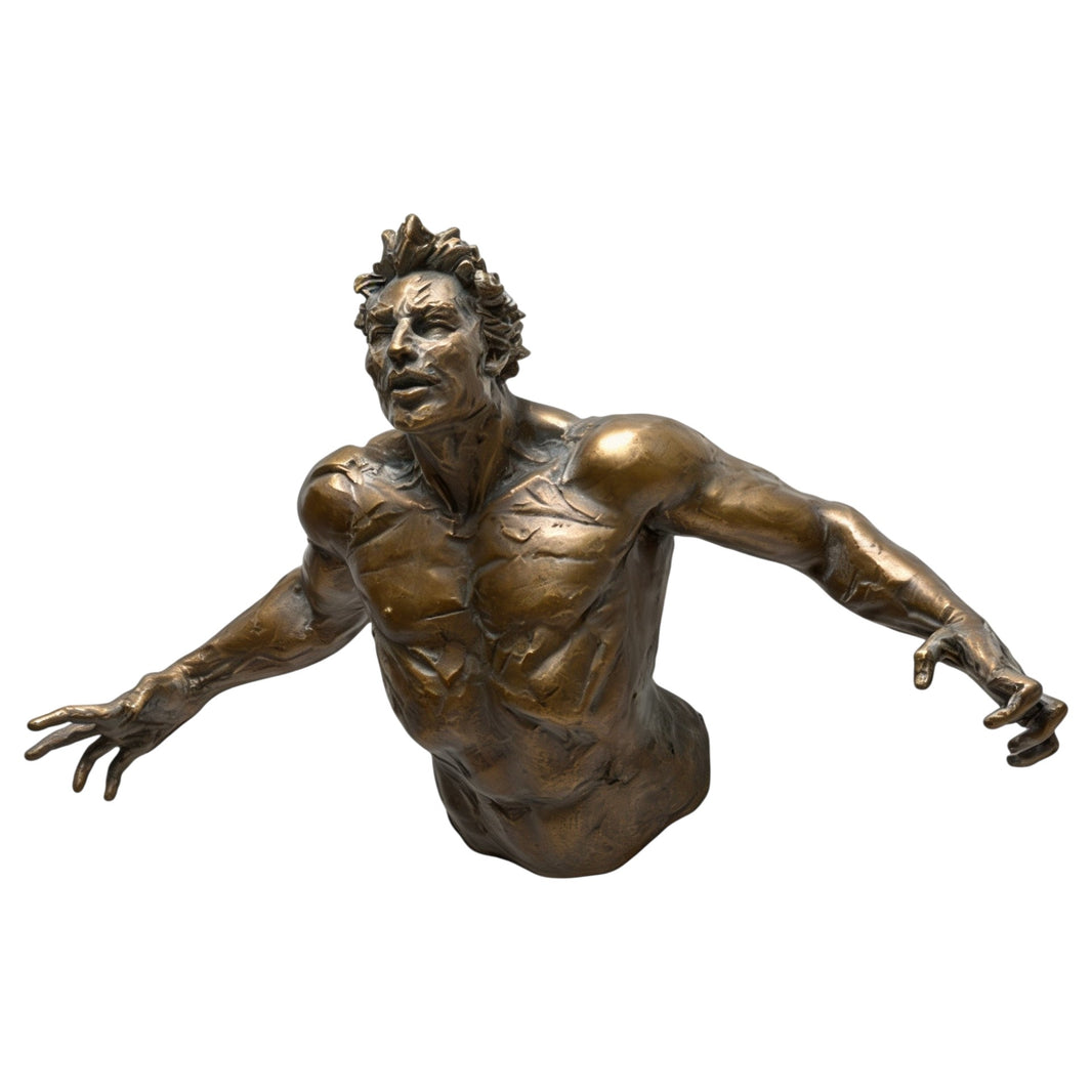 Bronze statue of a man on a white background