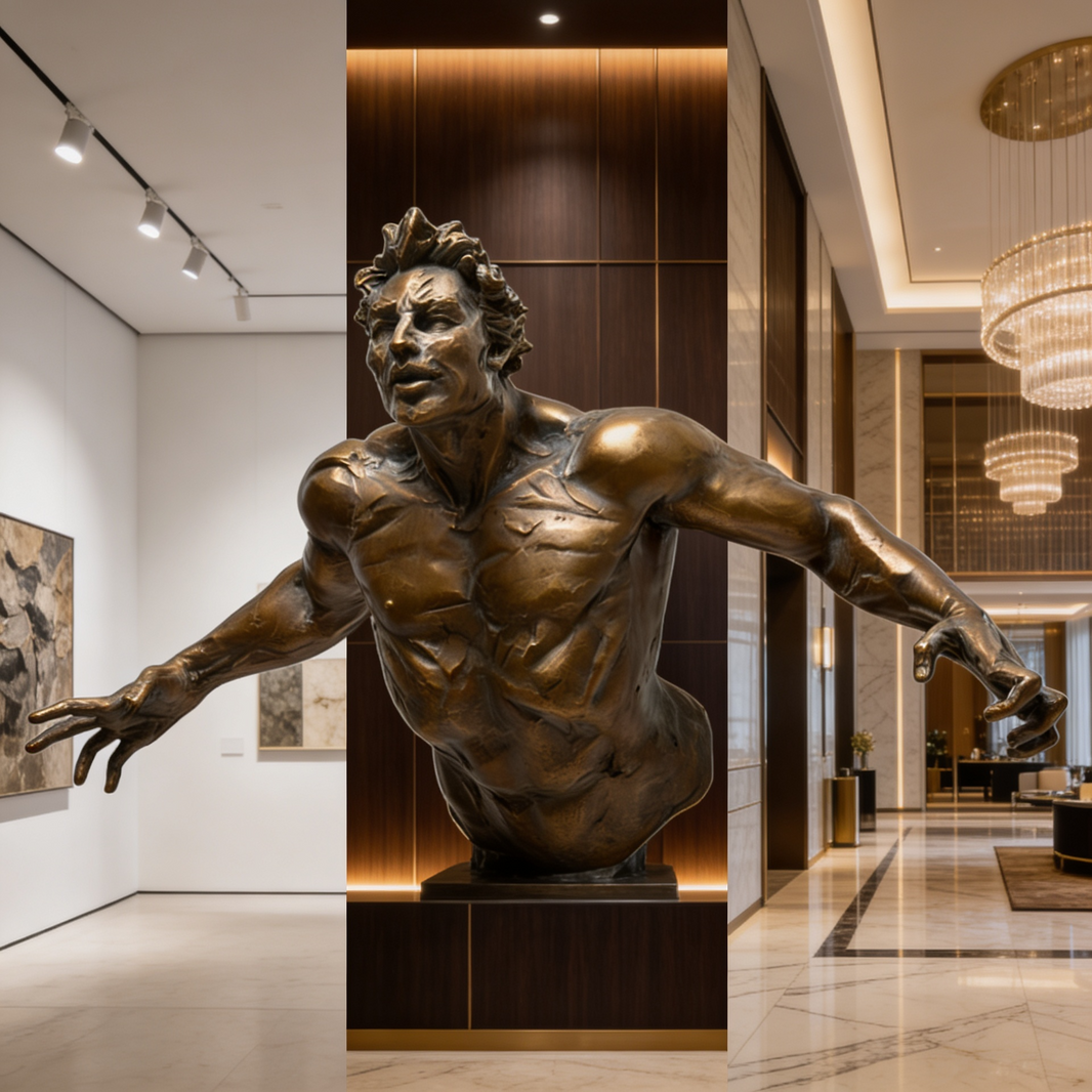 Bronze statue of a muscular figure in a grand hallway with chandeliers and artwork.