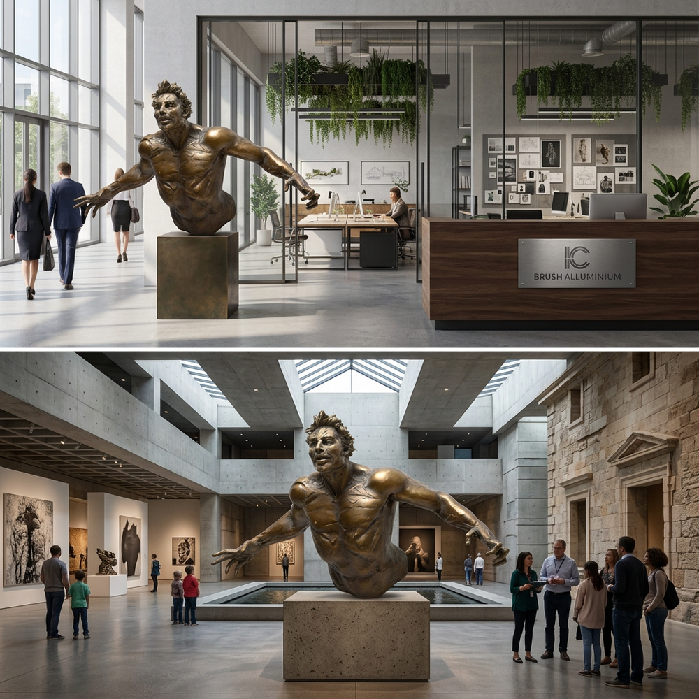 Bronze statue in a modern office setting with people around, followed by a scene in a museum with visitors.