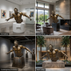 Collage of a bronze sculpture in different settings: art gallery, luxury home, contemporary exhibition, and hotel lobby.