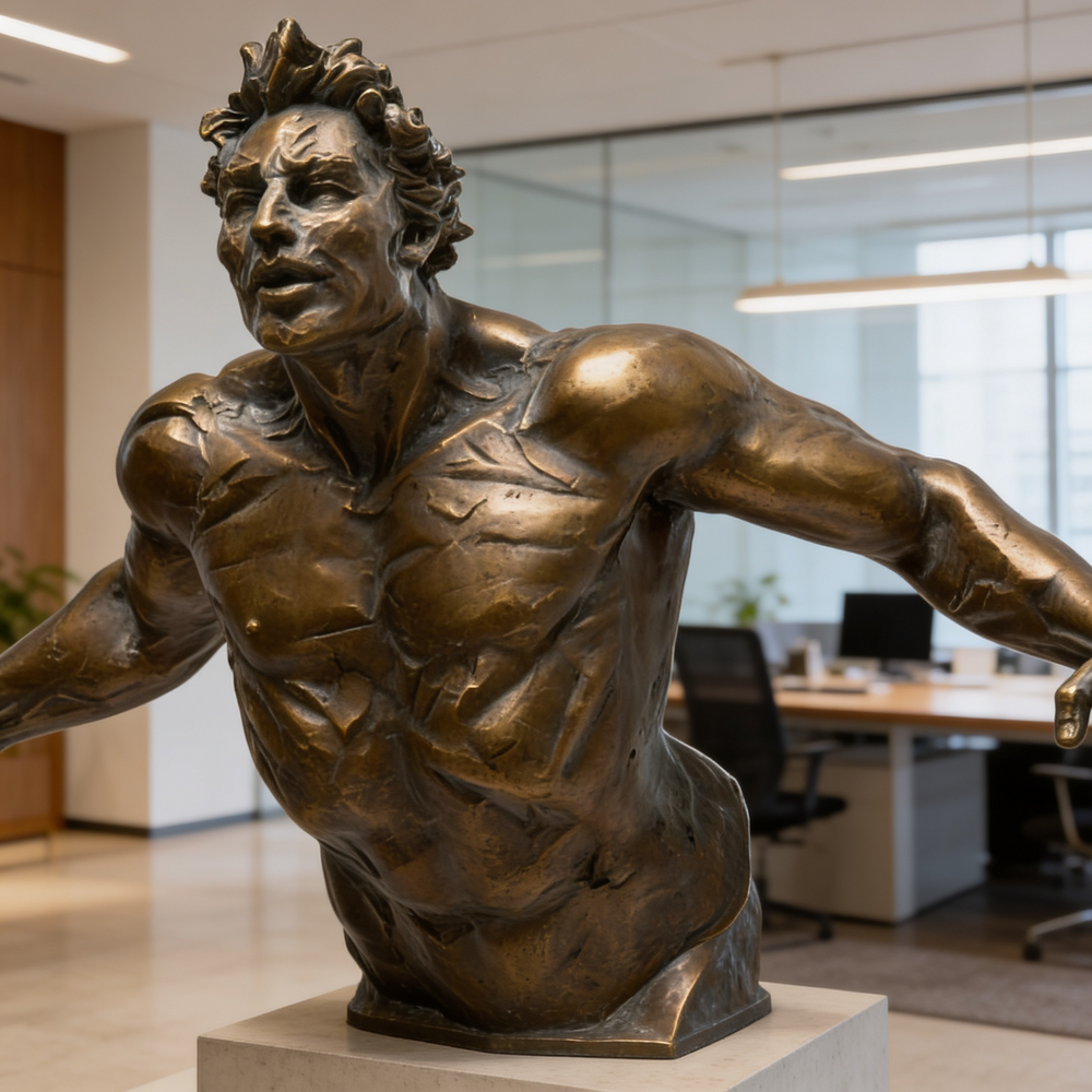 Bronze statue of a muscular figure in an office setting