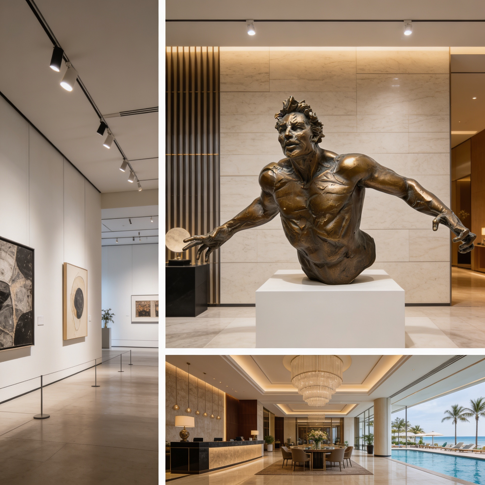 Bronze sculpture in a modern interior setting with artwork and a pool view.