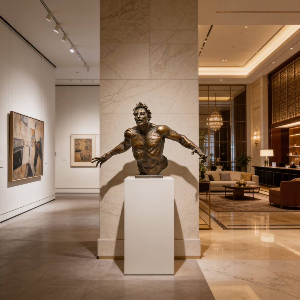 Bronze sculpture on a pedestal in an elegant interior setting with artwork and furniture.