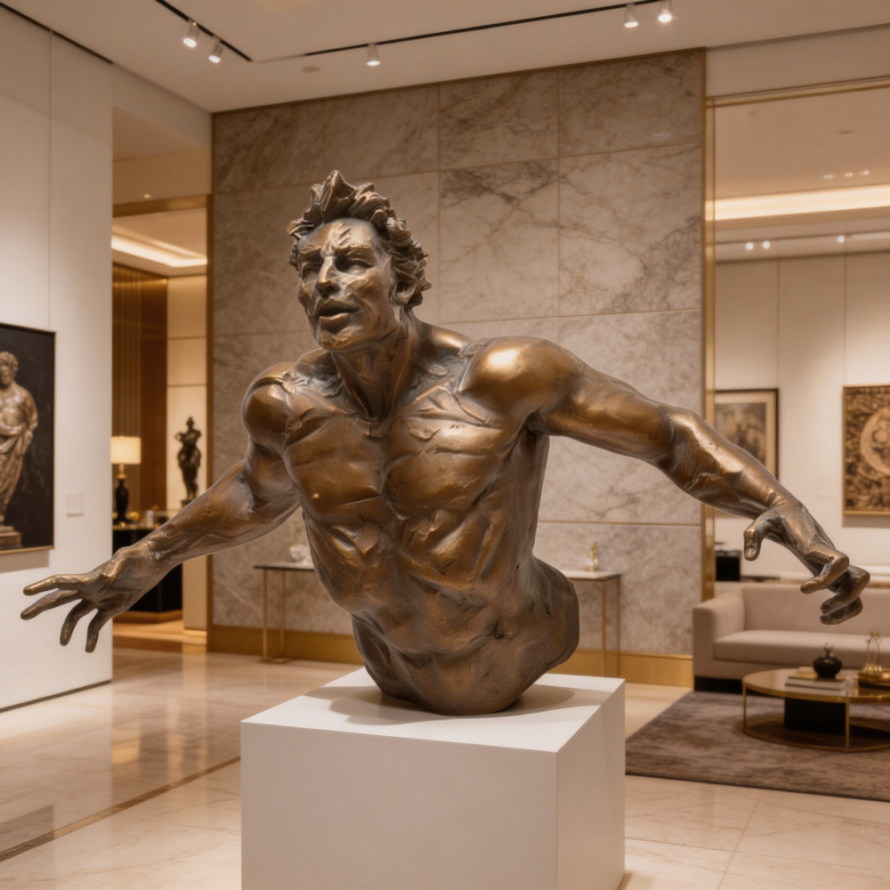 Bronze statue of a muscular figure in a gallery setting