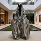 Bronze sculpture of a hooded figure in an outdoor setting with modern 
architecture.
Sculpture of a seated cloaked figure with mysterious faceless design