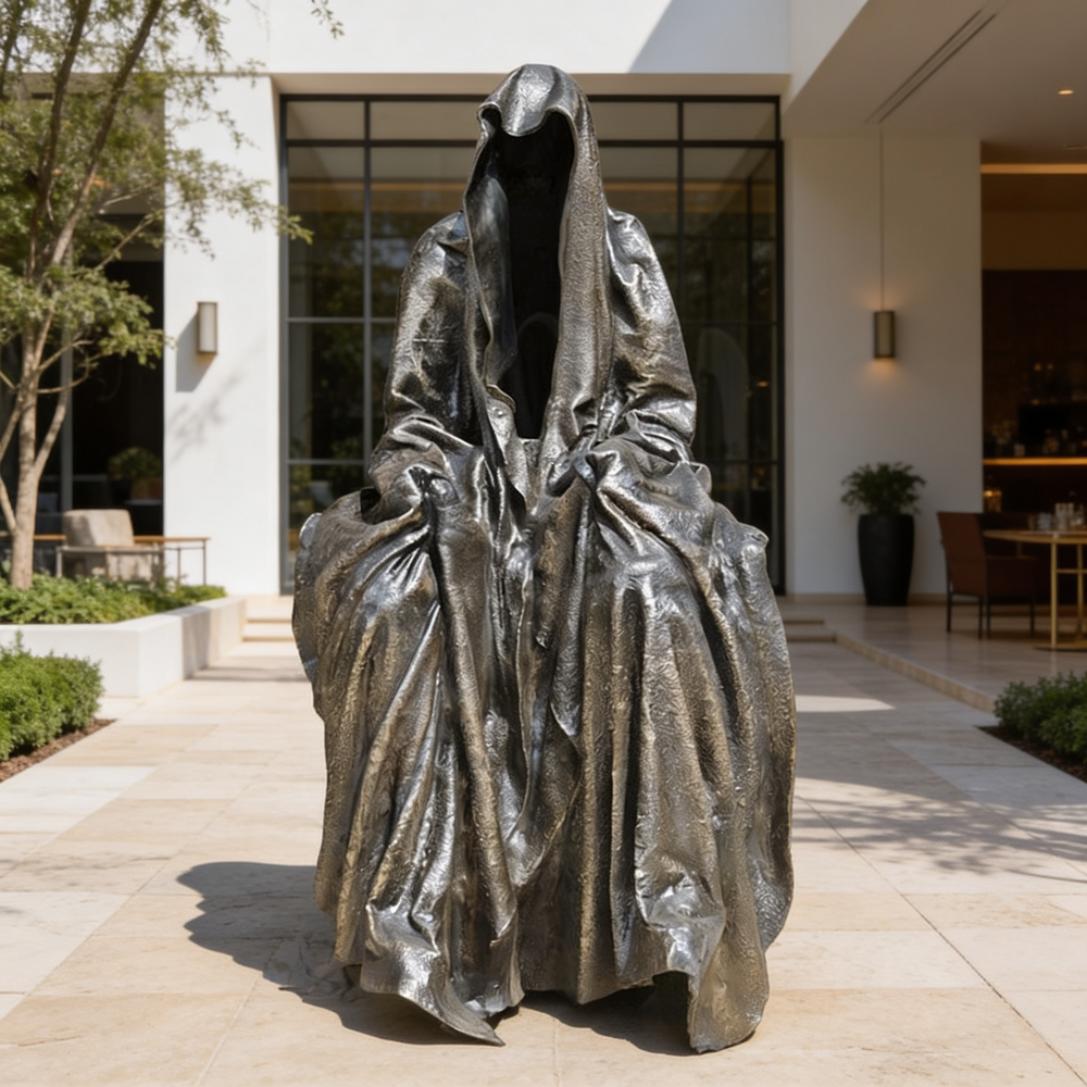 Statue of a hooded figure in front of a modern building
Bronze artwork featuring a hooded figure with deep folds and shadows
