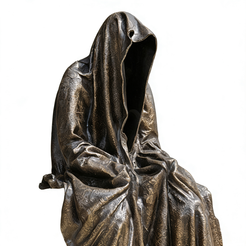 Bronze statue of a hooded figure on a white background
Mysterious cloaked statue with hollow interior and draped design