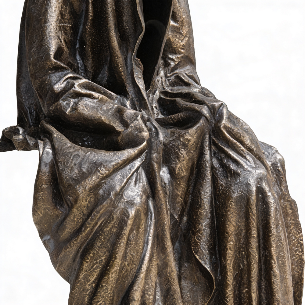 Bronze statue of a draped figure on a white background