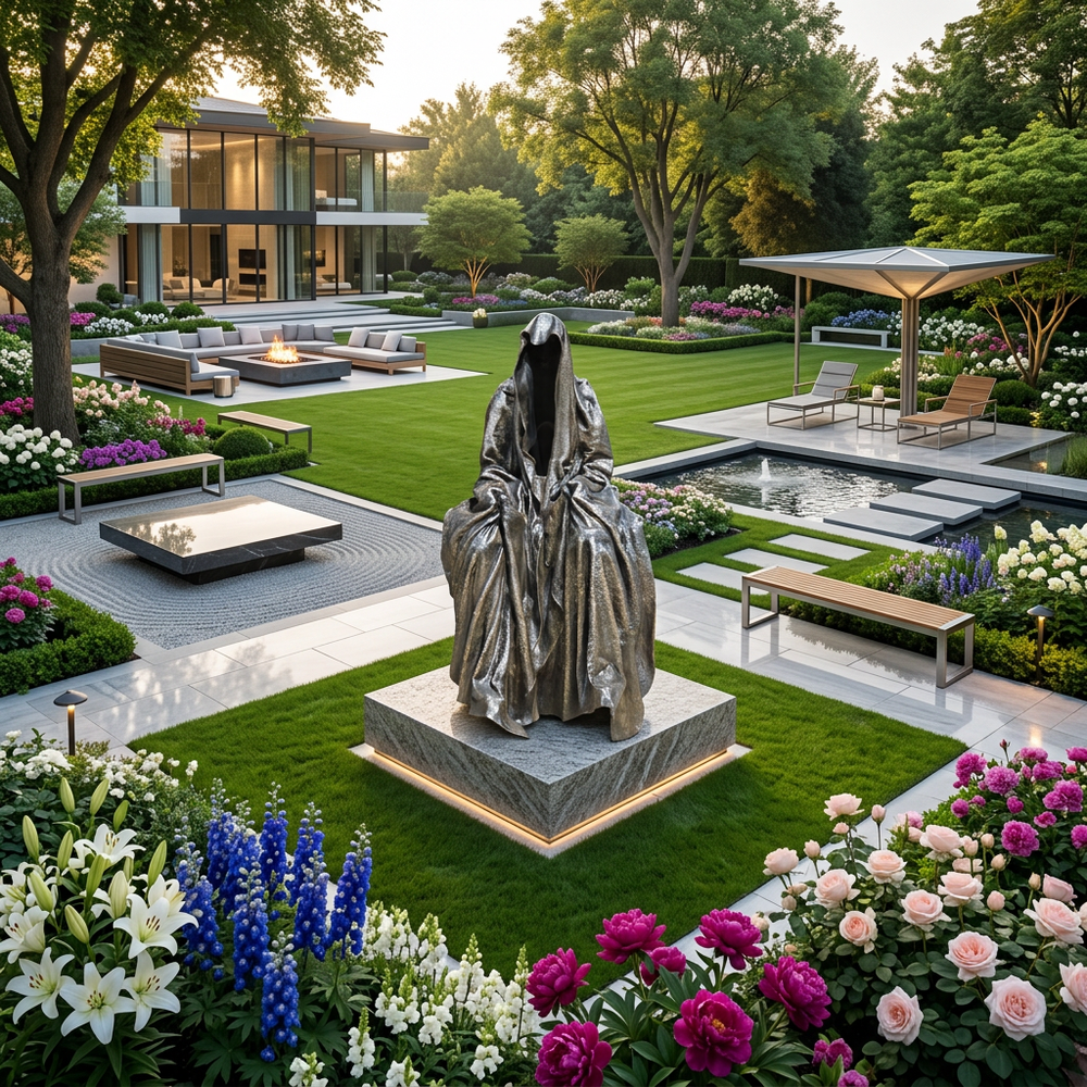 Modern garden with a statue, seating area, and pool
Bronze draped figure artwork with shadowed hood and open interior