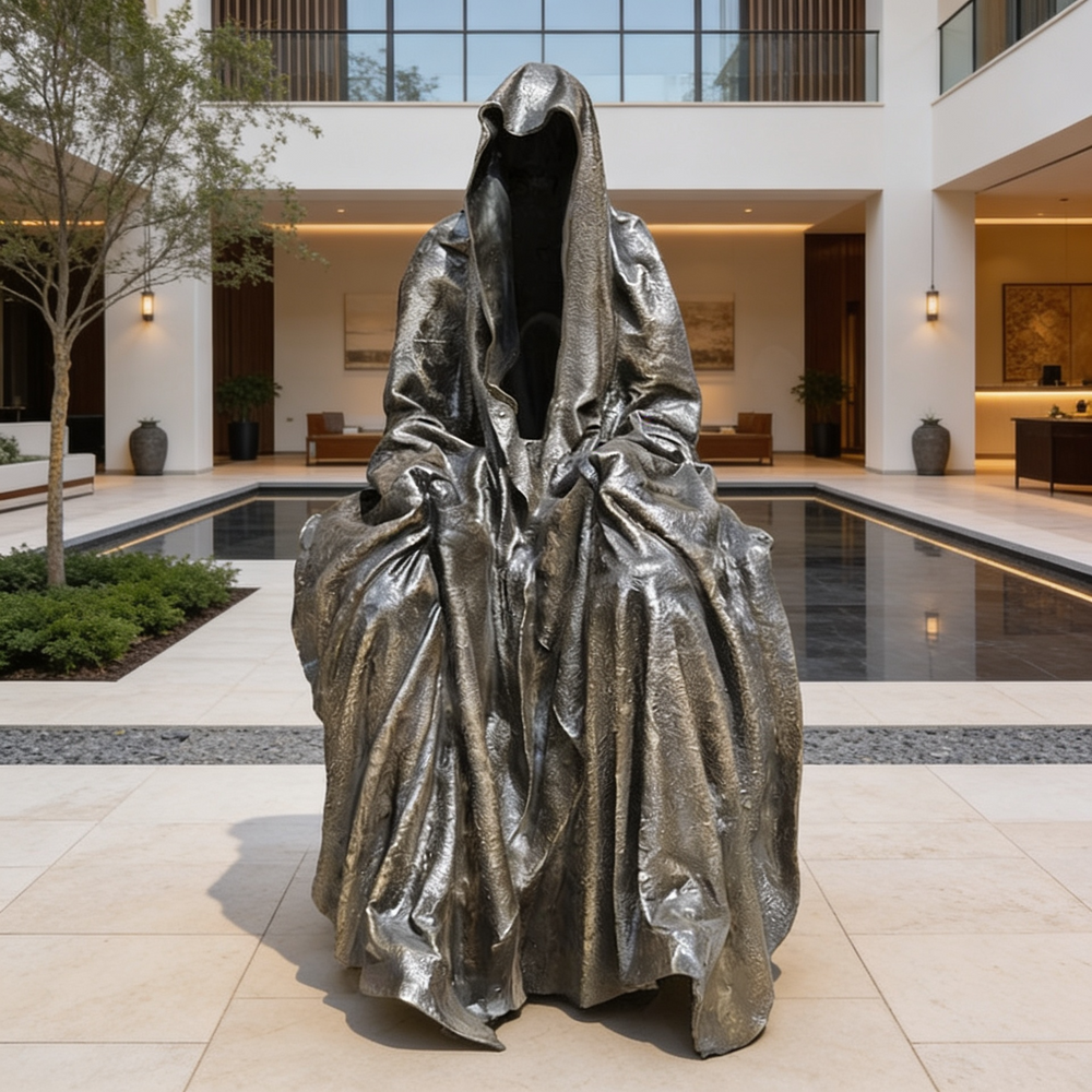 Statue of a hooded figure in a modern architectural setting with a pool and building.
Sculpture of a seated cloaked figure with mysterious faceless design