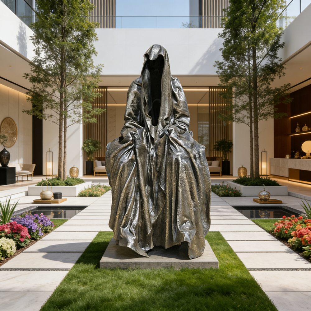 Modern sculpture in a garden setting with a building in the background