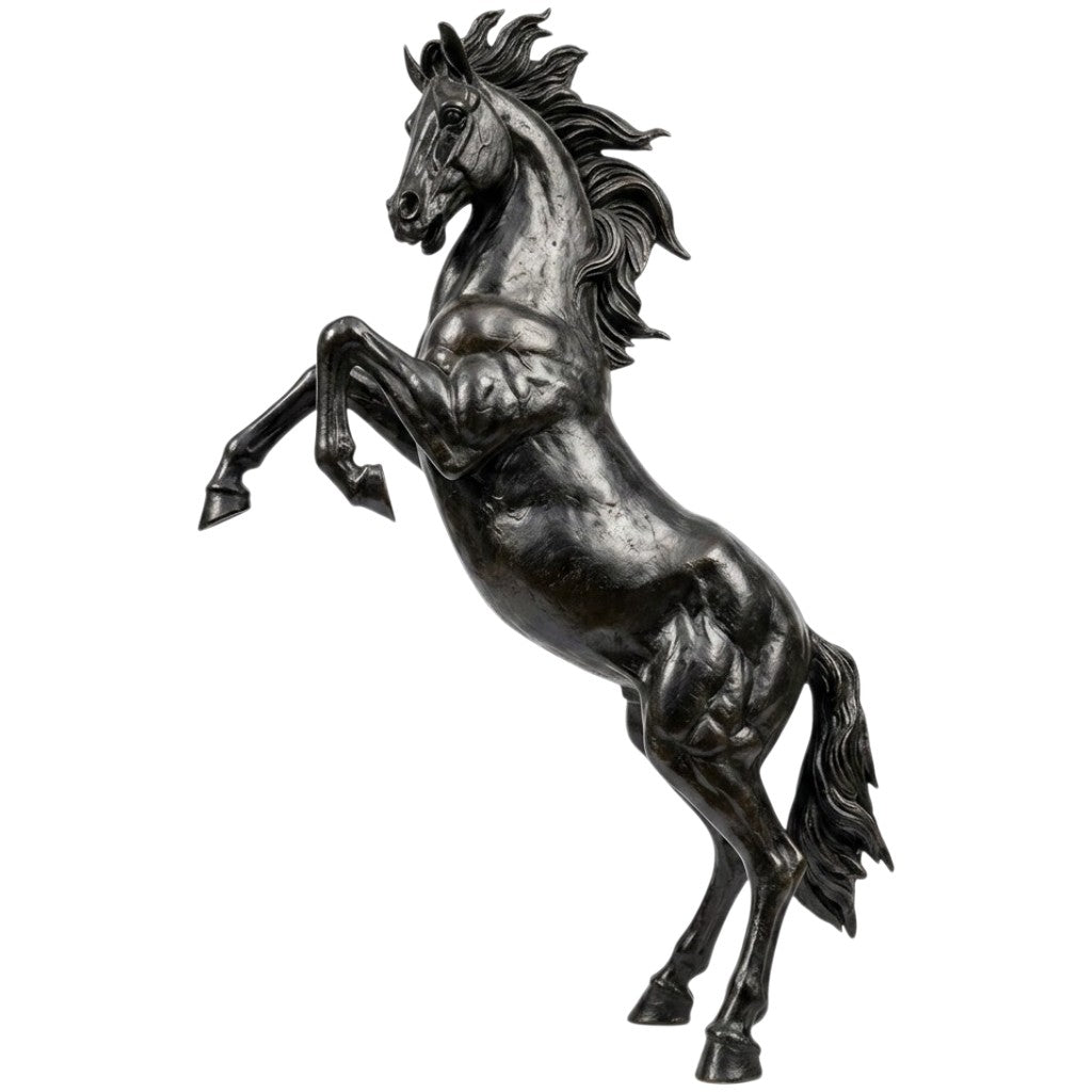 Bronze statue of a rearing horse on a white background
Bronze rearing horse sculpture with detailed musculature and flowing mane