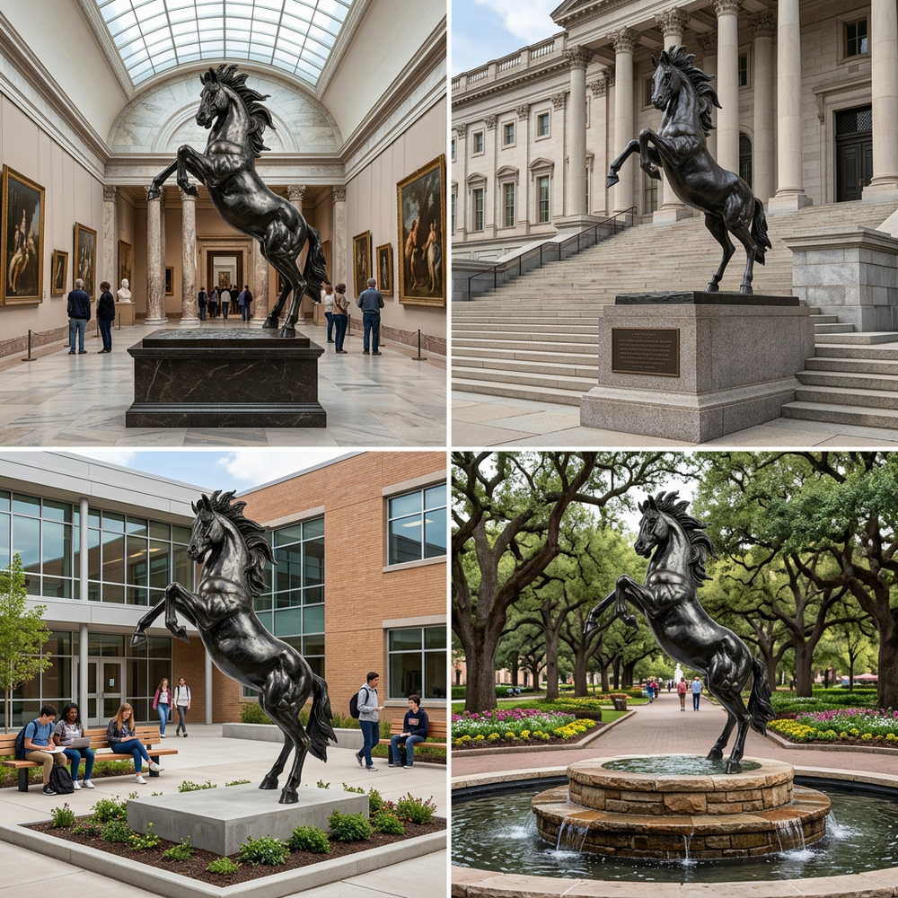 Collage of a bronze horse statue in various settings, including a museum, outside a building, in front of a building, and in a park.
Bronze artwork of a powerful horse rearing with expressive movement