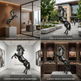 Bronze horse statue in various settings, including office, park, art exhibition, and luxury showroom.
Detailed bronze horse figure captured in an energetic upward stance