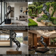 Collage of horse statues in various settings including a home interior, outdoor garden, equestrian center, and hotel lobby.
Rearing horse sculpture with polished bronze finish and realistic anatomy