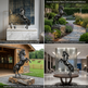 Collage of horse statues in various settings including indoor decor, outdoor landscapes, and hospitality environments.
Metallic stallion statue showcasing strength and dramatic posture