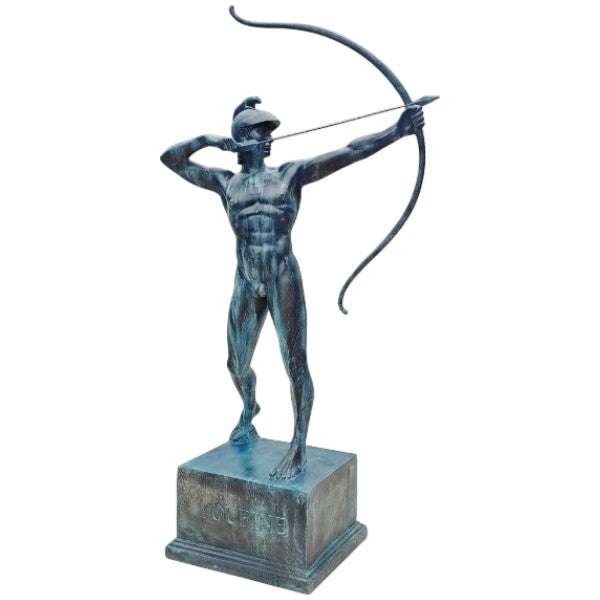 Statue of a archer on a white background
Lifesize bronze archer sculpture drawing a bow on a pedestal