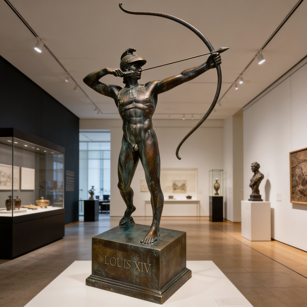 Bronze statue of a archer in a museum setting with other artworks in the background.
Classical‑style bronze archer mounted on a rectangular base