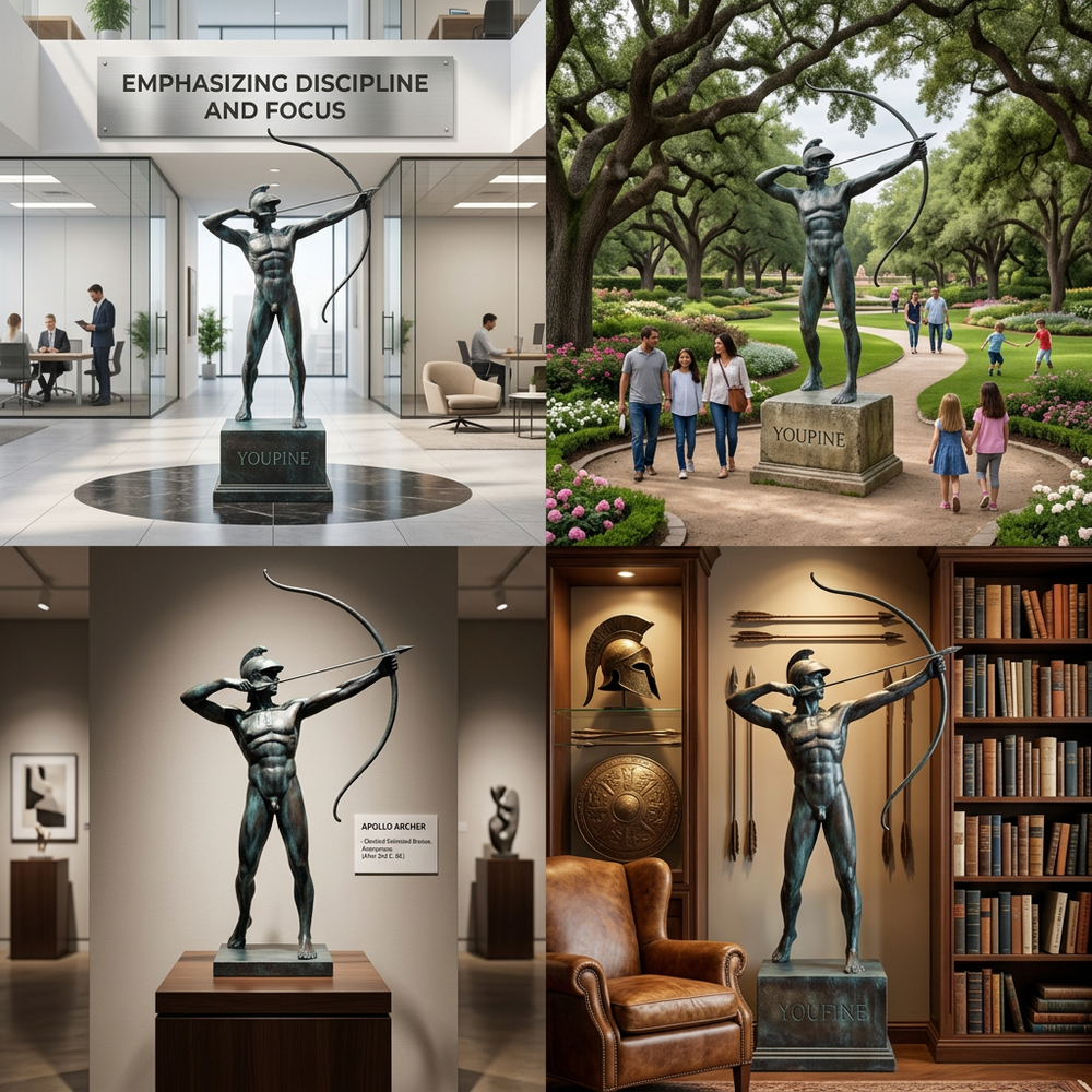 Collage of a bronze statue of a archer in various settings, including an office, garden, and living room.
Bronze artwork of a muscular figure aiming a bow
