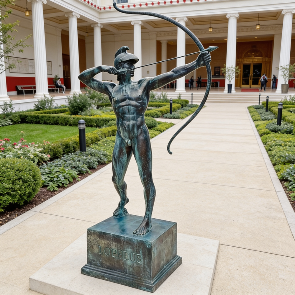 Bronze statue of a archer in front of a classical building with columns
Bronze combat archer sculpture capturing tension and movement.