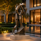 Bronze sculpture of a couple embracing by a pool at night