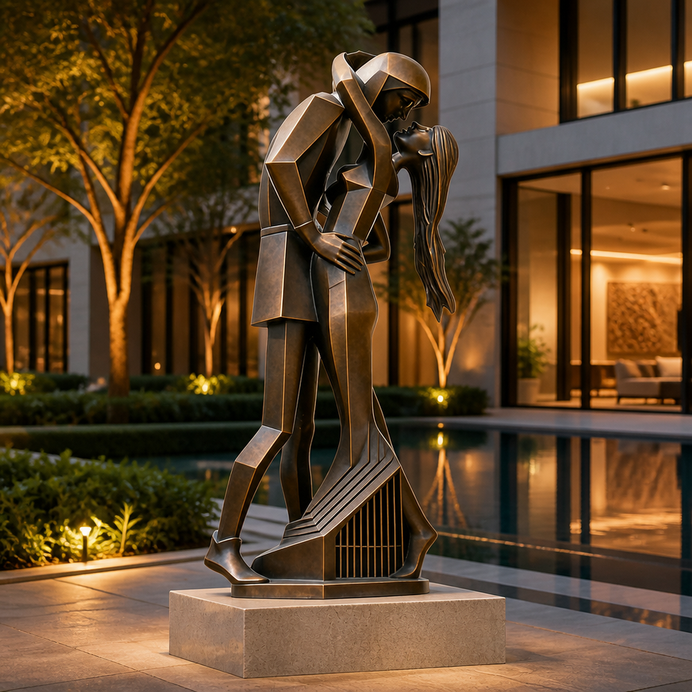 Bronze sculpture of a couple embracing by a pool at night