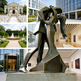 Collage of a wedding venue, a sculpture of two people embracing, and an art gallery with the same sculpture.