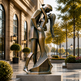 Bronze statue of a couple embracing in an urban setting with trees and buildings.