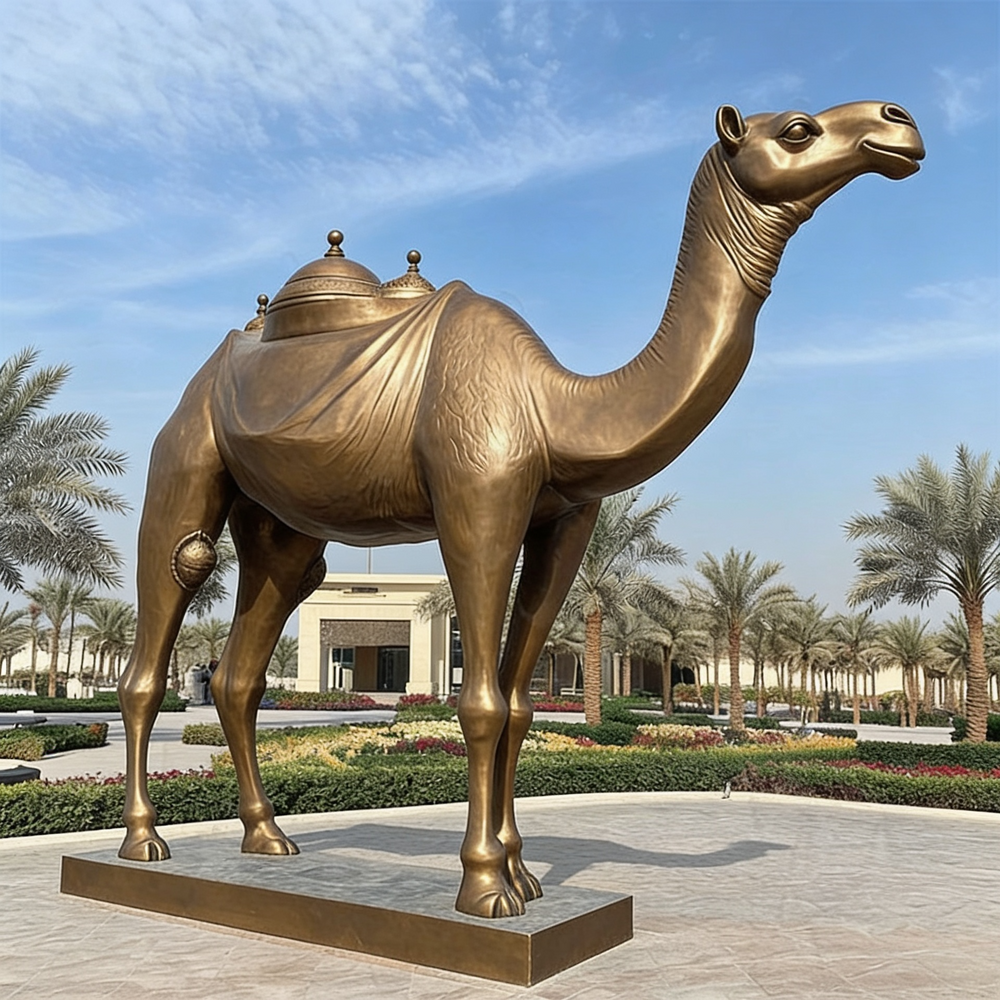 Bronze statue of a camel in a garden setting with palm trees and a building in the background.
