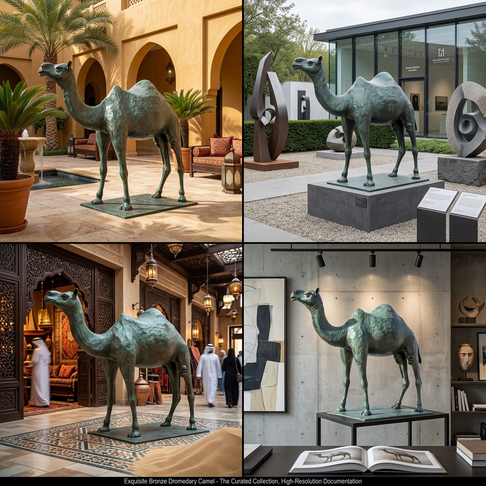 Bronze camel sculptures in various settings including a courtyard, outdoor area, indoor setting, and on a table.