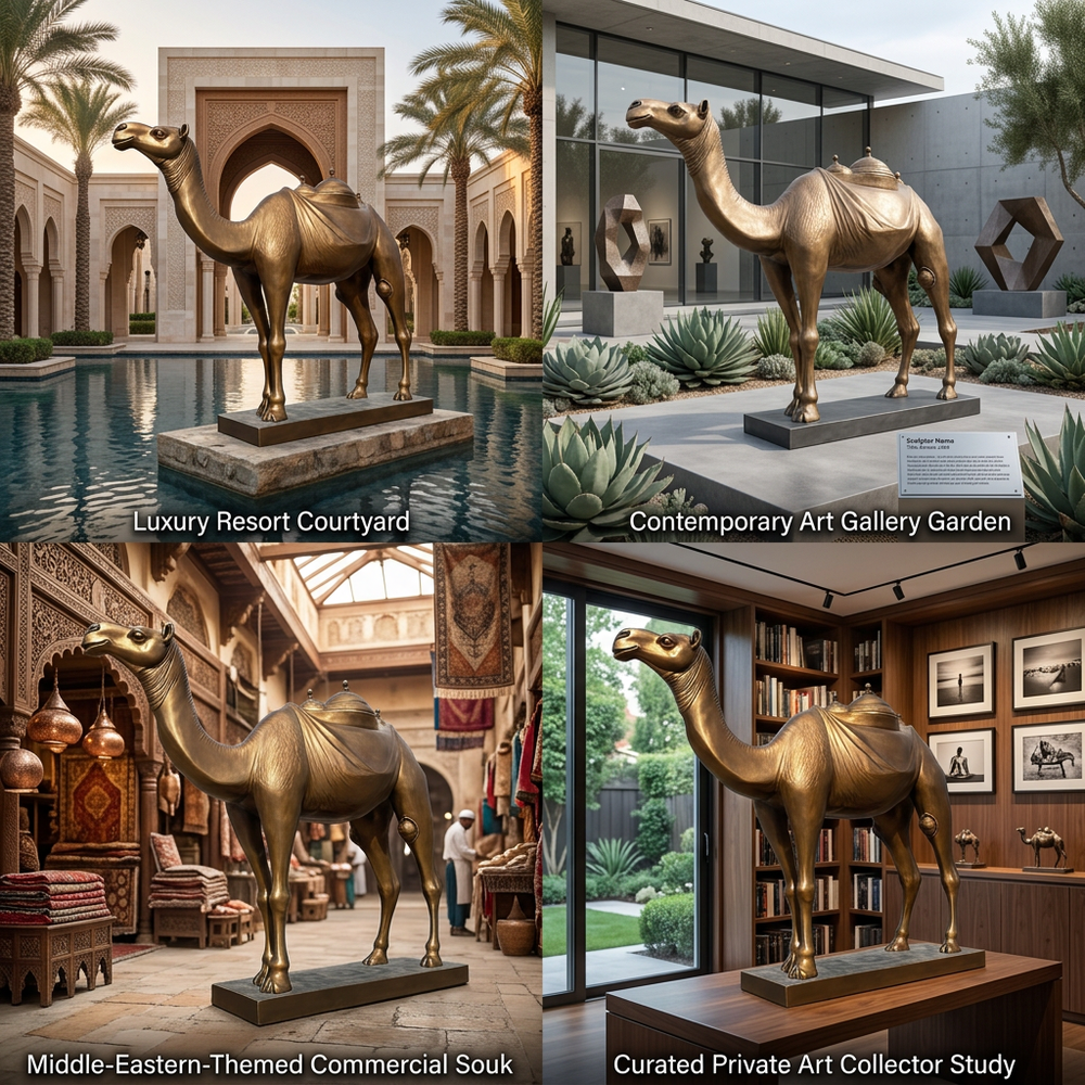 Gold camel statue displayed in various settings including a luxury resort courtyard, contemporary art gallery garden, middle-eastern-themed commercial souk, and curated private art collector study.
