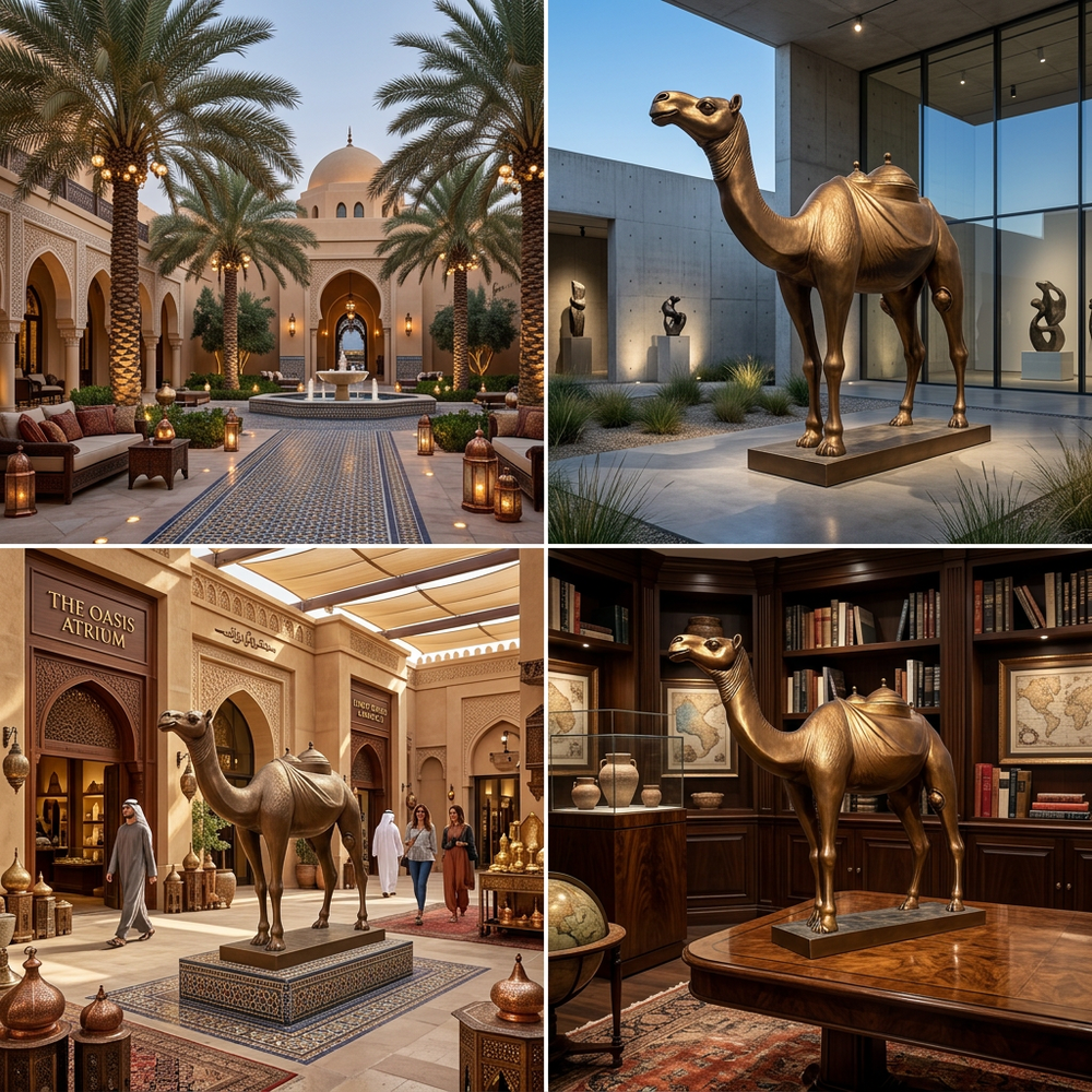 Collage of a luxurious interior with palm trees, a fountain, and bronze camel sculptures.