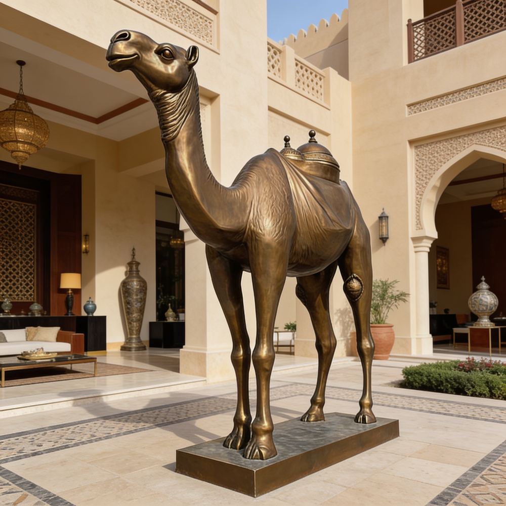 Bronze camel statue in a courtyard with architectural elements