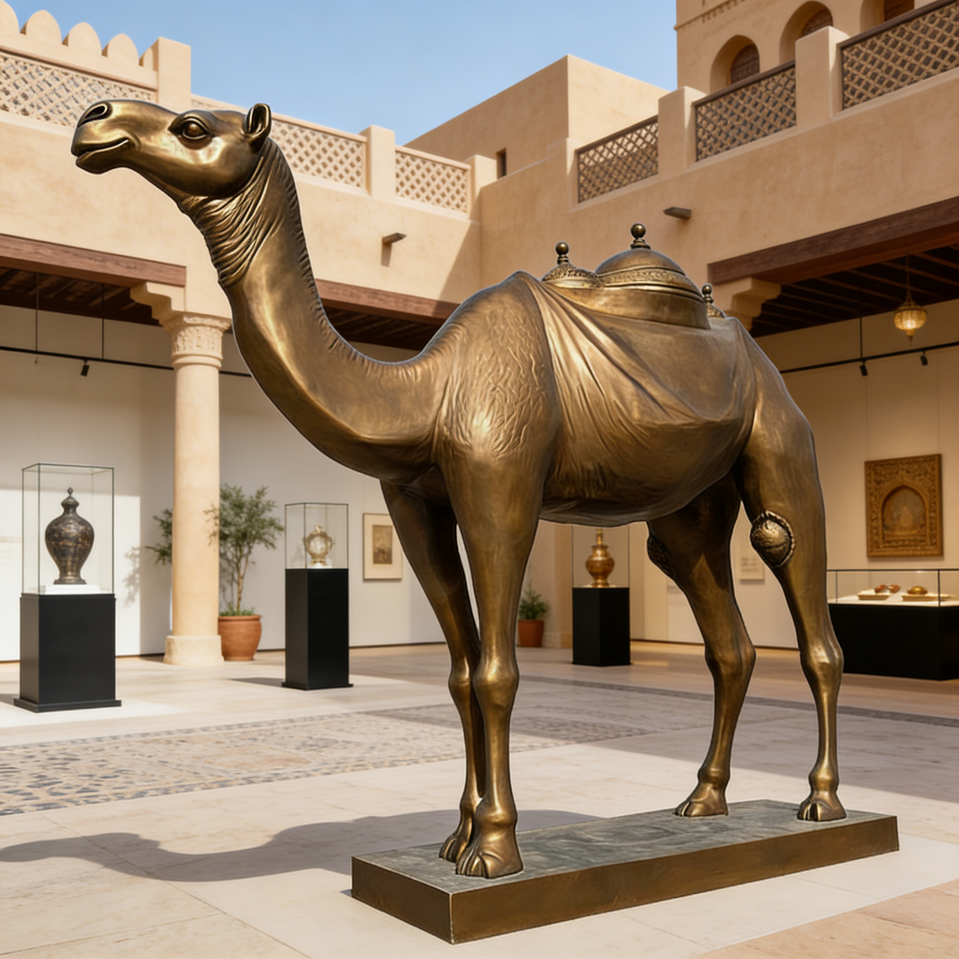Bronze camel sculpture in a museum setting with architectural elements in the background