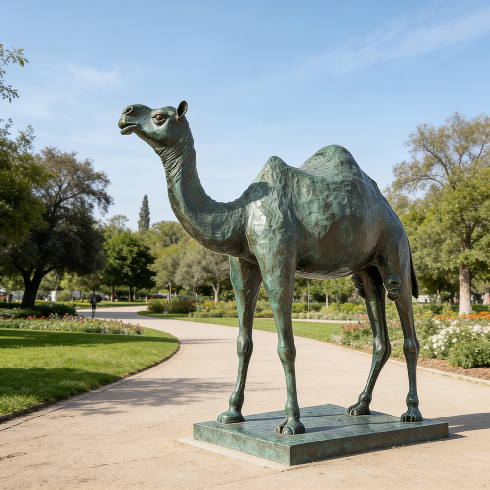 Bronze statue of a camel in a park setting with trees and pathways.